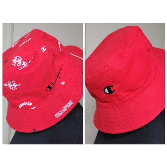 NWOT Champion Reversible Logo Script Bucket Hat L/XL Red All Over Print Spellout - Picture 1 of 12
